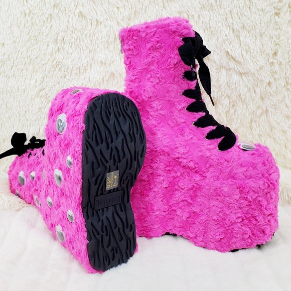 Hot Pink Furry Platform Monster Punk Ankle Boots - Picture 9 of 10